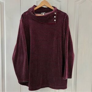 T by Talbots Velour Cowl Neck Top Women's Size 2X Burgundy And Gray Stripe